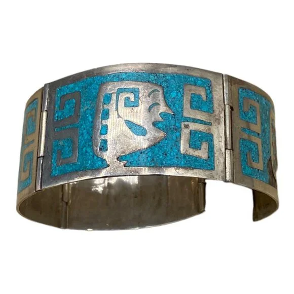 Mexico 925 Sterling Silver Crushed Turquoise Inlay Greek Key Bracelet READ